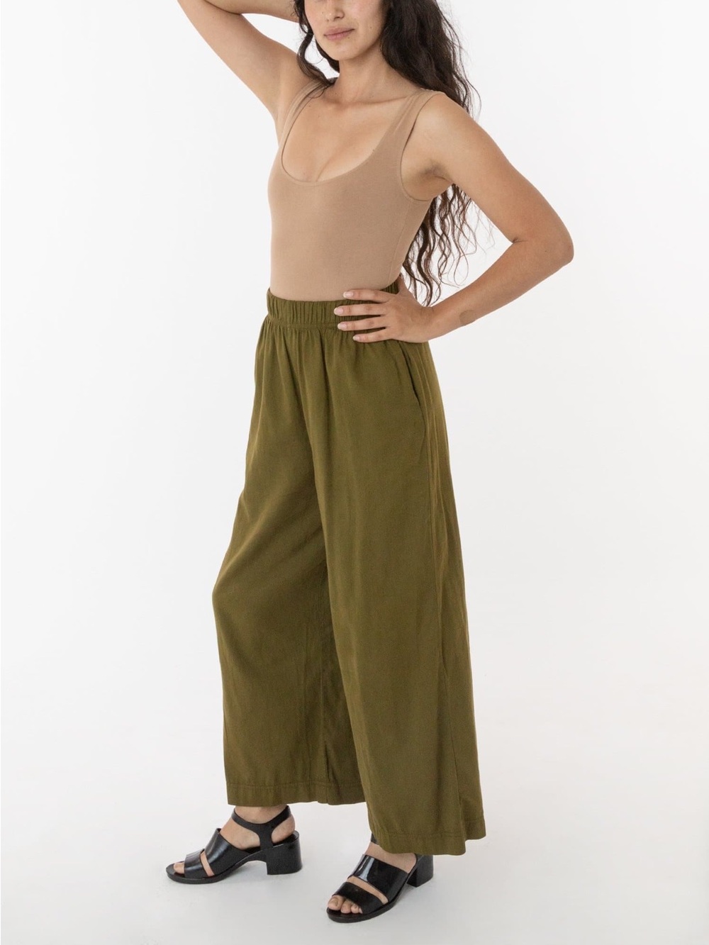 Los Angeles Apparel Women’s Cotton Twill Wide Pants in Light Olive, Size S